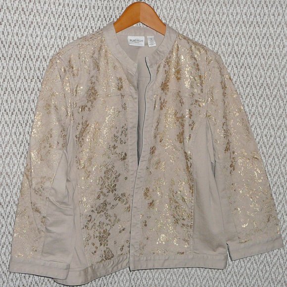 Chico's size 3 Fancy Jacket Khaki Beige with Gold Lace Sparkle XL, 14 - Picture 1 of 9